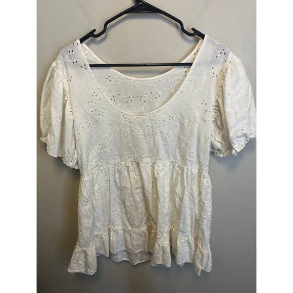 Sunday Best Aritzia White Eyelet Bubble Sleeve Peplum Girly Romantic Blouse XS - Picture 9 of 15